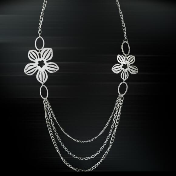 Vintage Jewelry - Triple Stand Opera Length  Necklace Silver Flowers 36”
